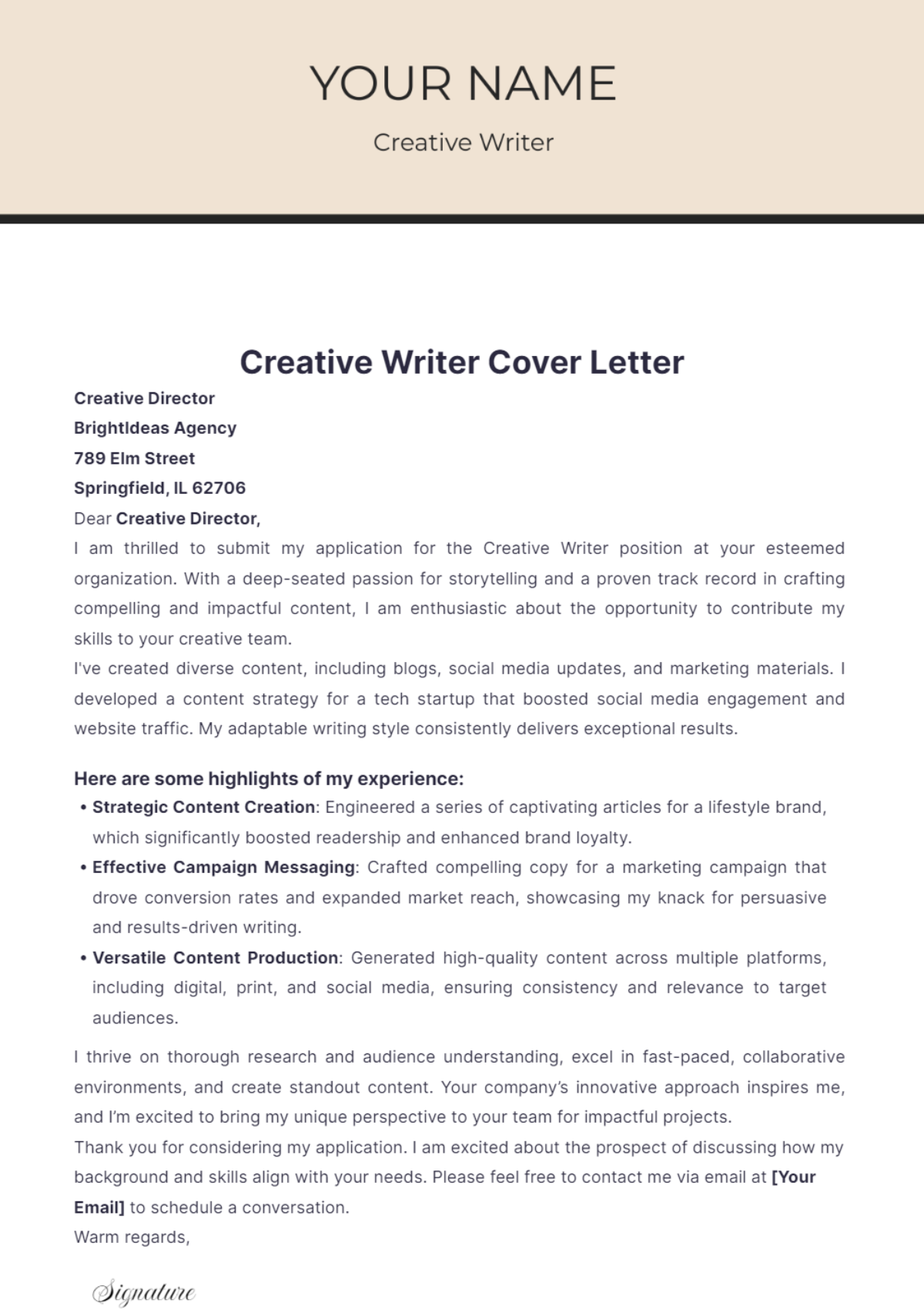 Creative Writer Cover Letter - Edit Online & Download