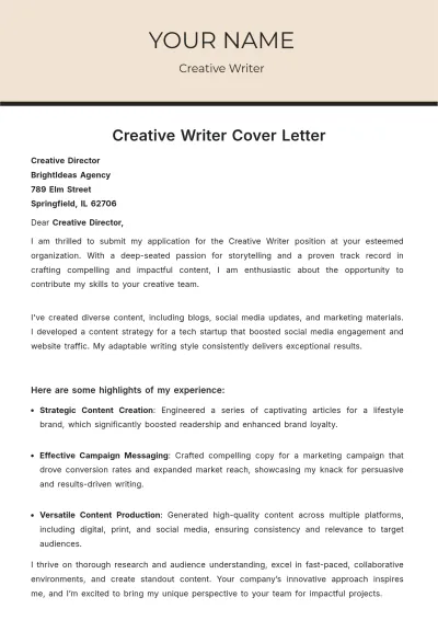 Free Creative Writer Cover Letter to Edit Online