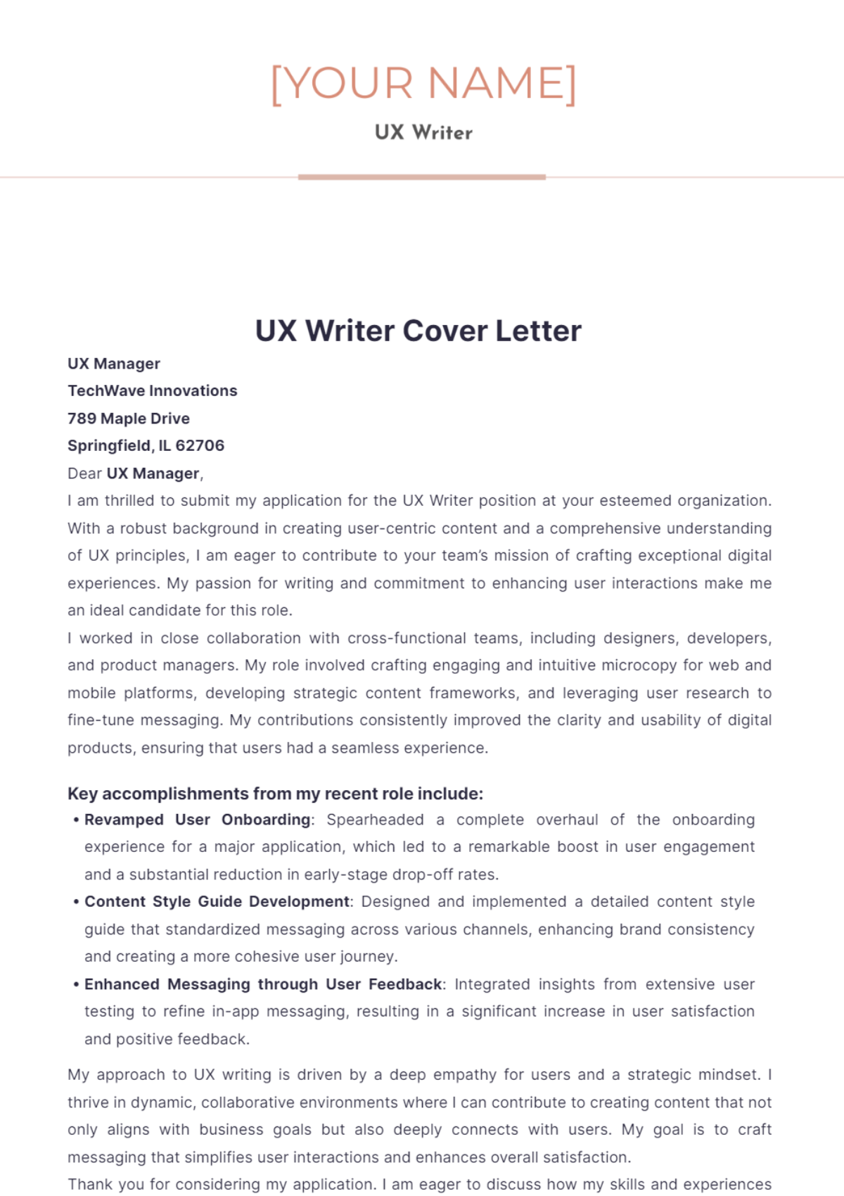 UX Writer Cover Letter - Edit Online & Download