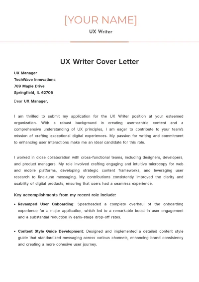 Free UX Writer Cover Letter to Edit Online