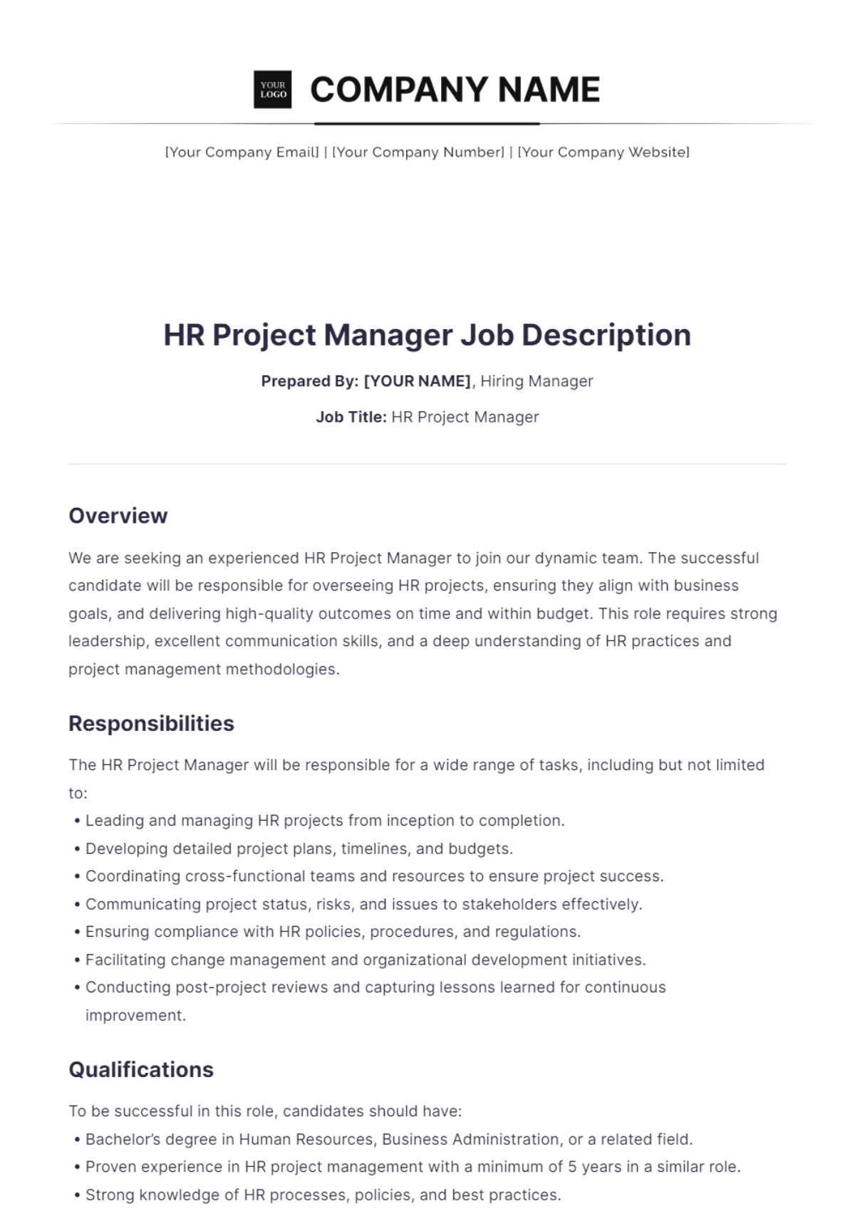 HR Project Manager Job Description - Edit Online & Download