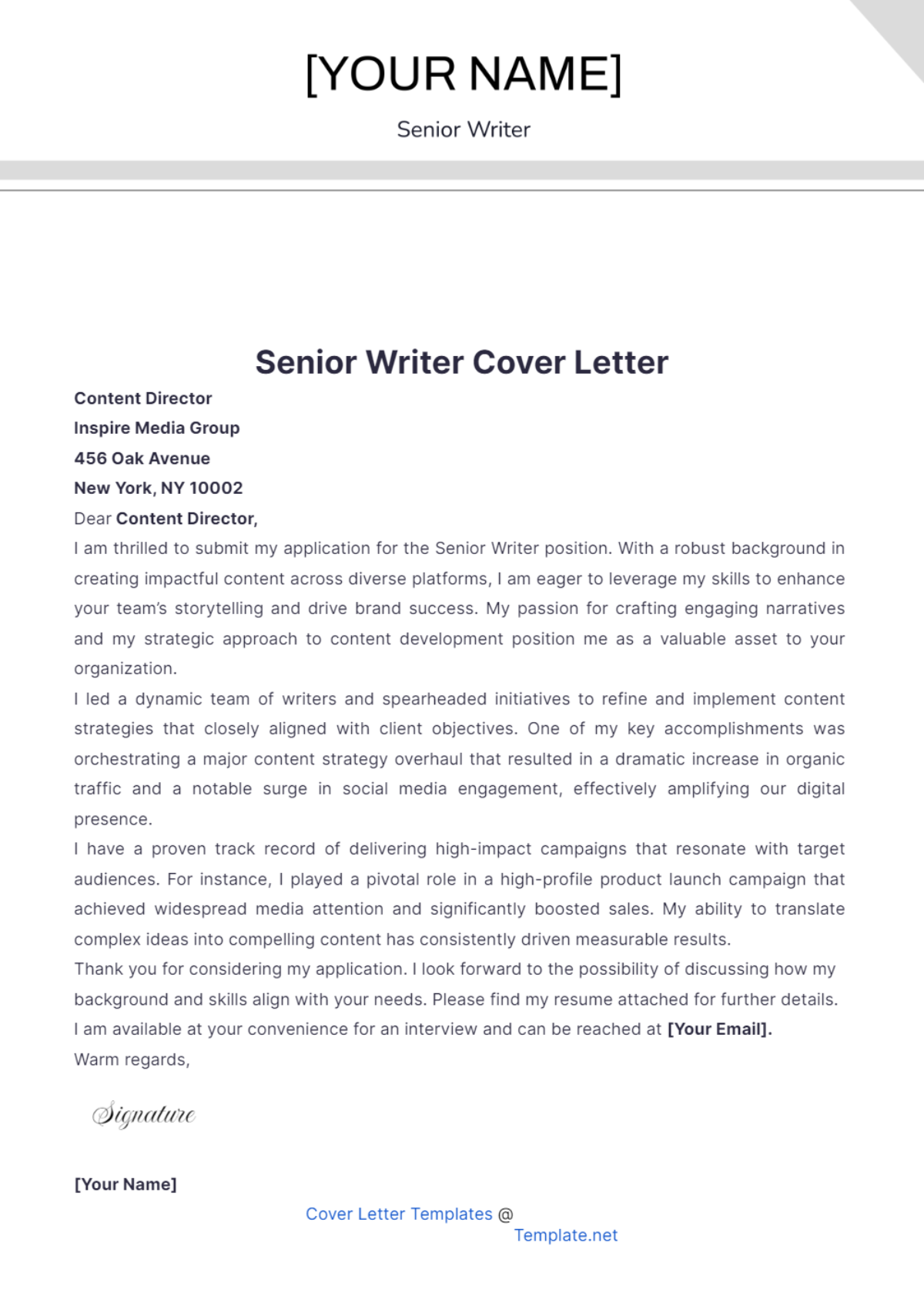 Senior Writer Cover Letter - Edit Online & Download