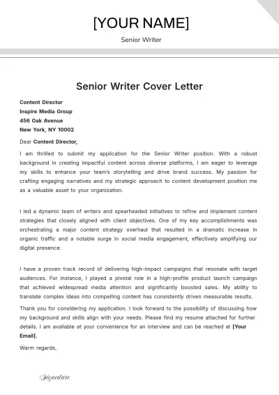 Free Senior Writer Cover Letter to Edit Online