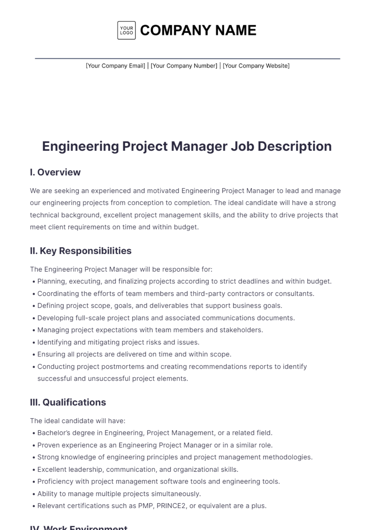 Engineering Project Manager Job Description - Edit Online & Download