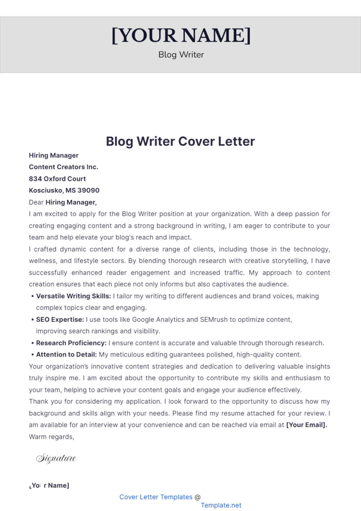 Blog Writer Cover Letter - Edit Online & Download