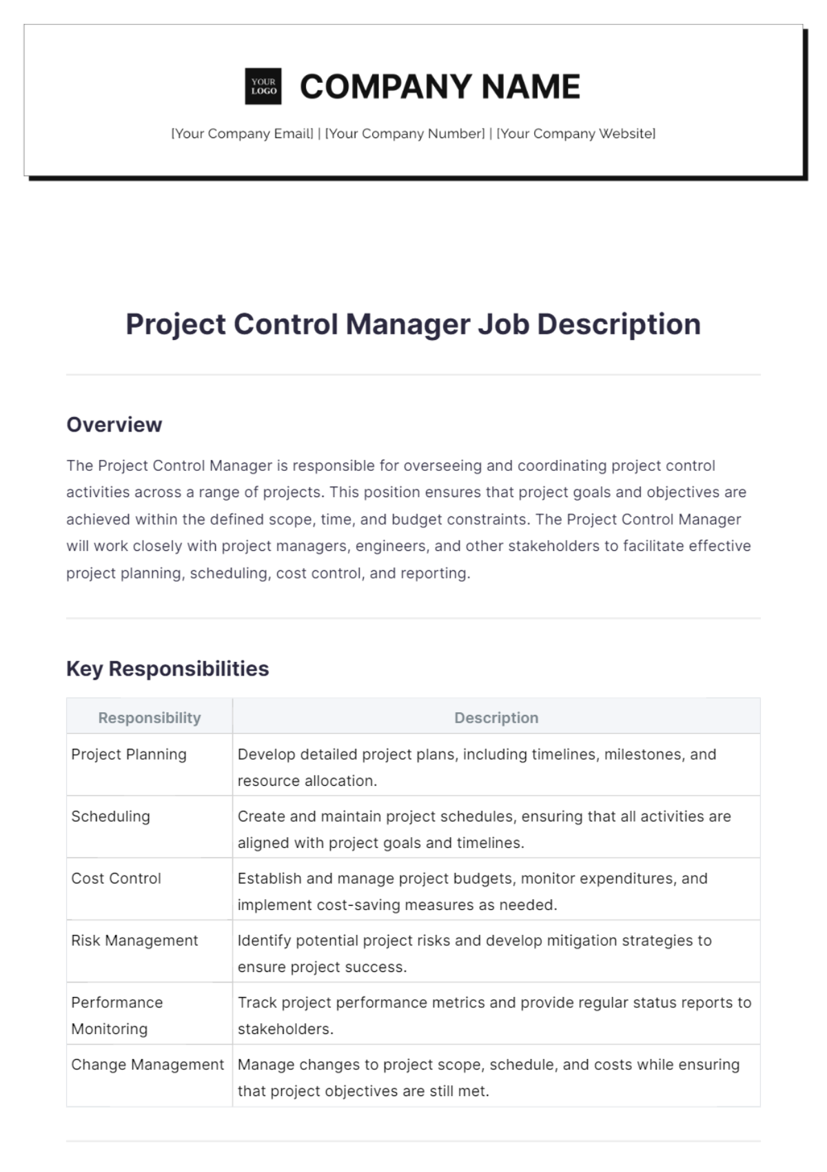 Project Control Manager Job Description - Edit Online & Download