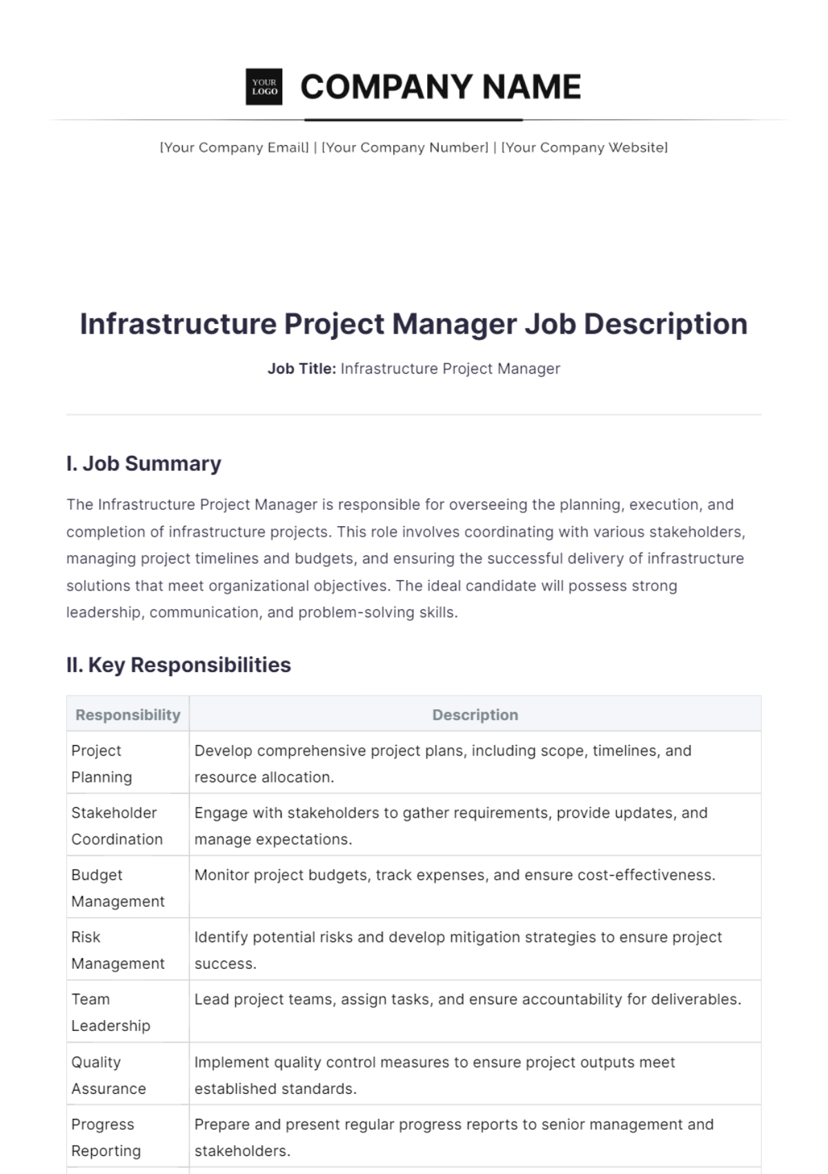 Infrastructure Project Manager Job Description