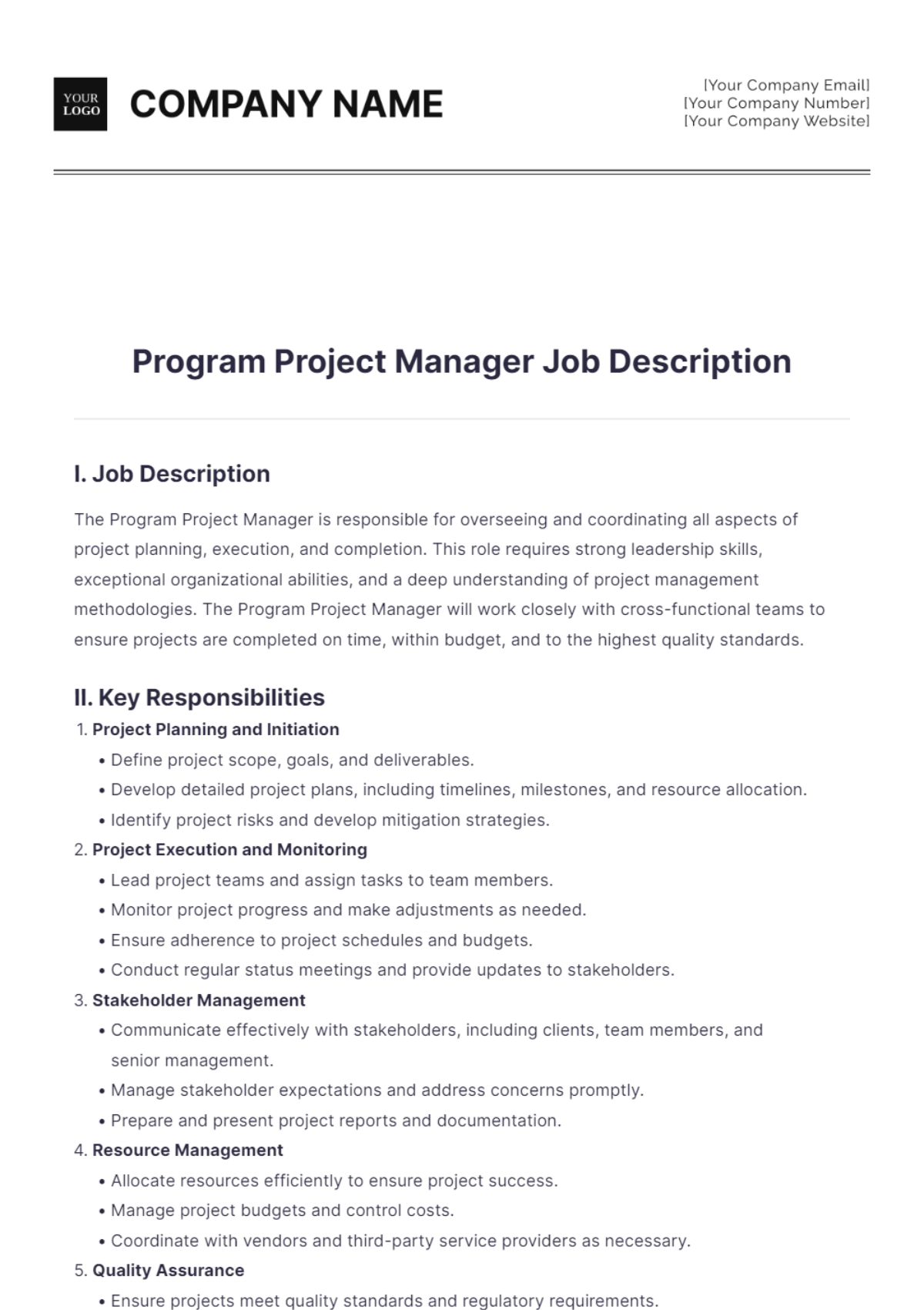 Program Project Manager Job Description - Edit Online & Download