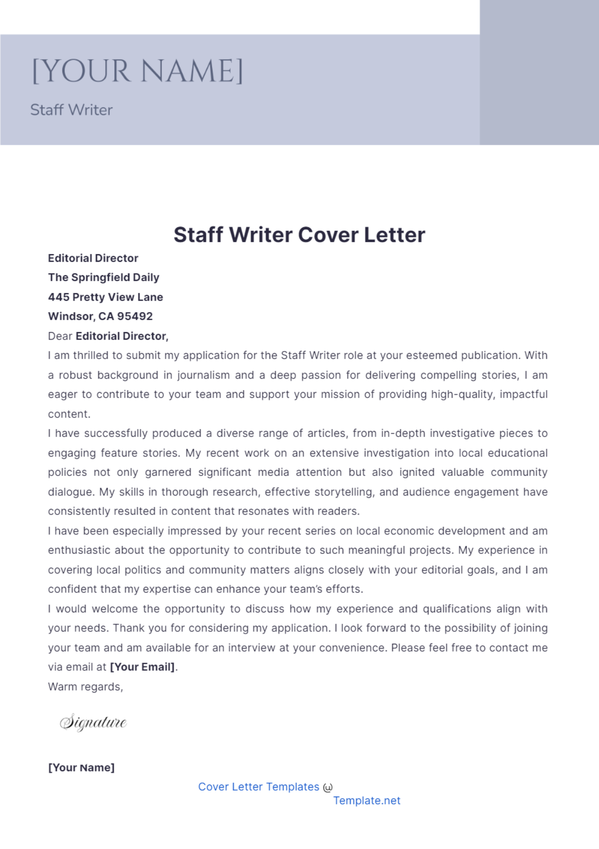 Staff Writer Cover Letter - Edit Online & Download