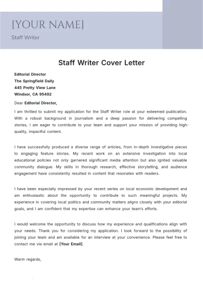 Free Staff Writer Cover Letter to Edit Online