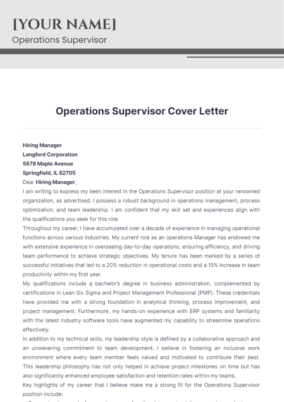 operations supervisor cover letter examples