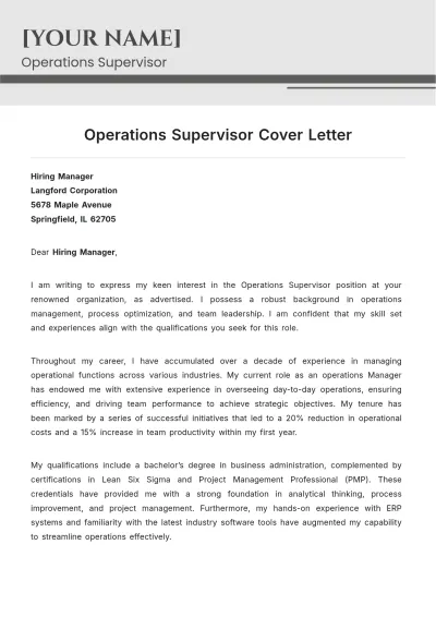 Free Operations Supervisor Cover Letter to Edit Online