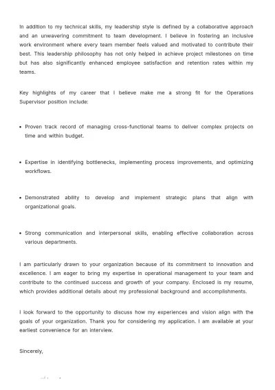 Free Operations Supervisor Cover Letter to Edit Online