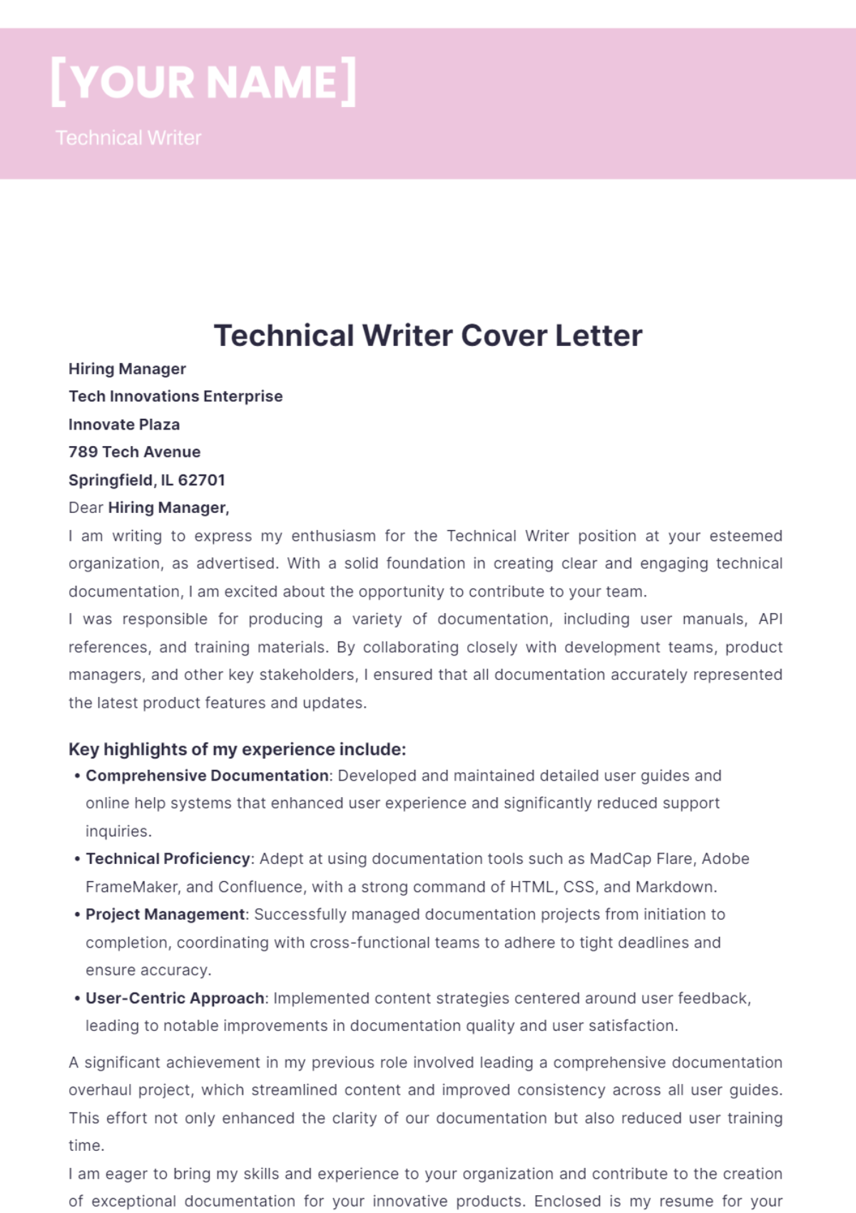 Technical Writer Cover Letter - Edit Online & Download