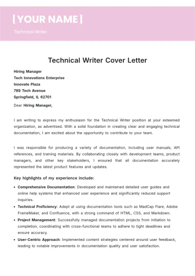 Free Technical Writer Cover Letter to Edit Online