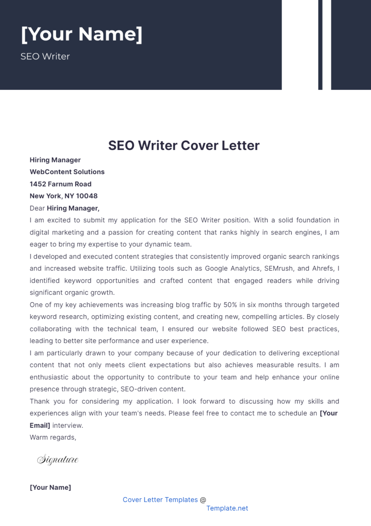 SEO Writer Cover Letter - Edit Online & Download