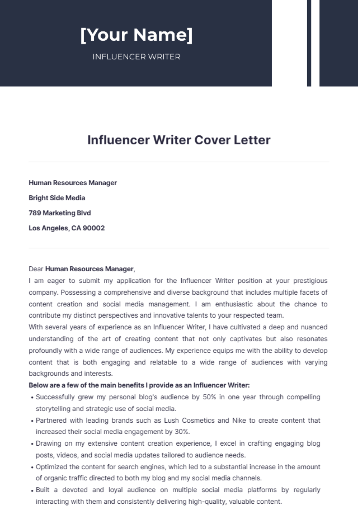 Influencer Writer Cover Letter - Edit Online & Download