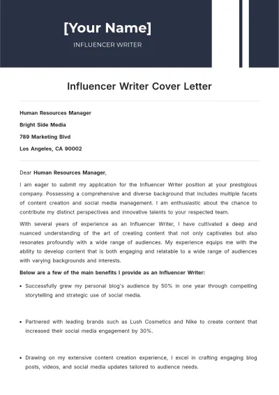 Free Influencer Writer Cover Letter to Edit Online