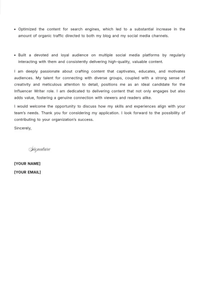 Free Influencer Writer Cover Letter to Edit Online