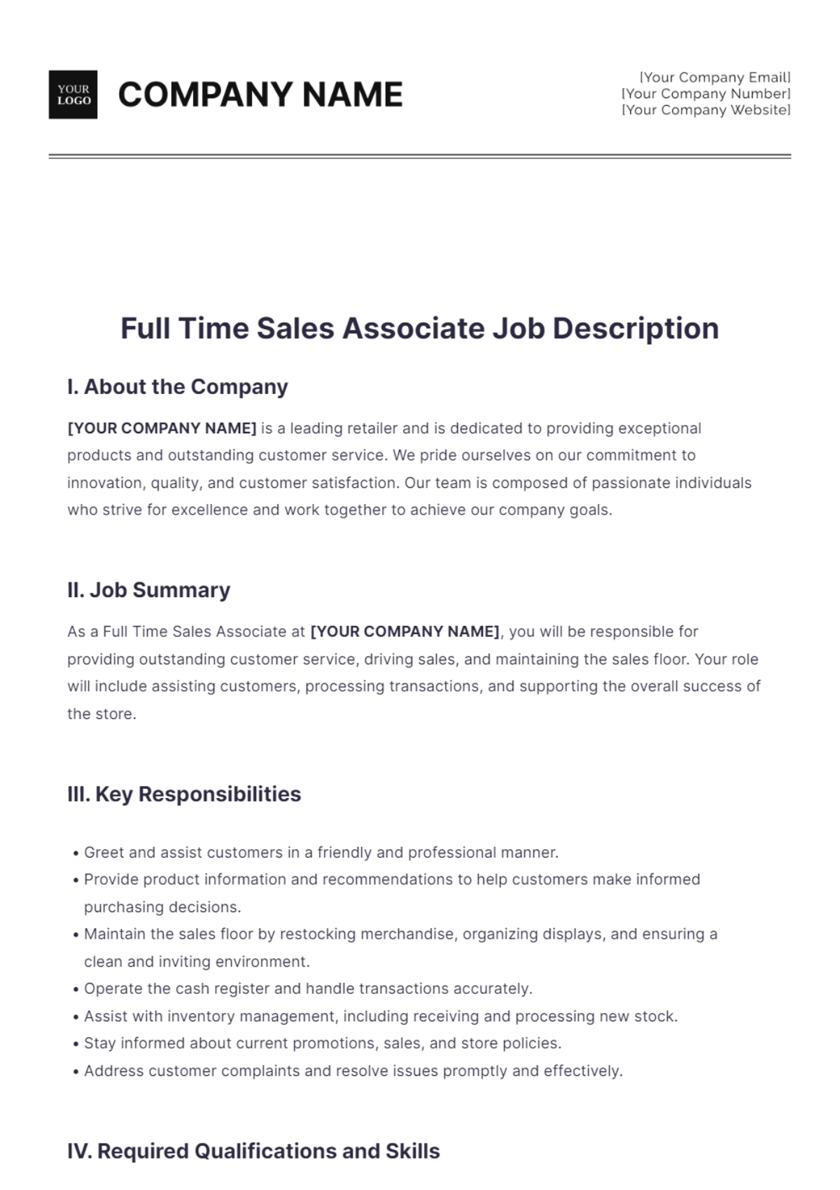 Full Time Sales Associate Job Description