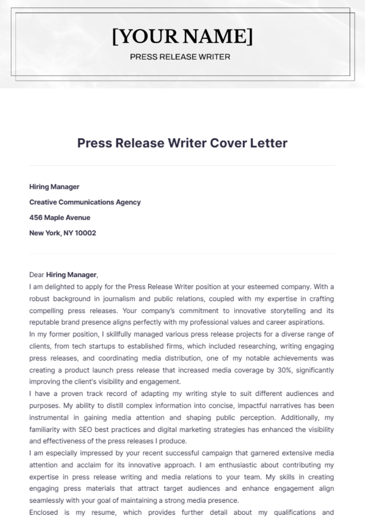 Press Release Writer Cover Letter - Edit Online & Download