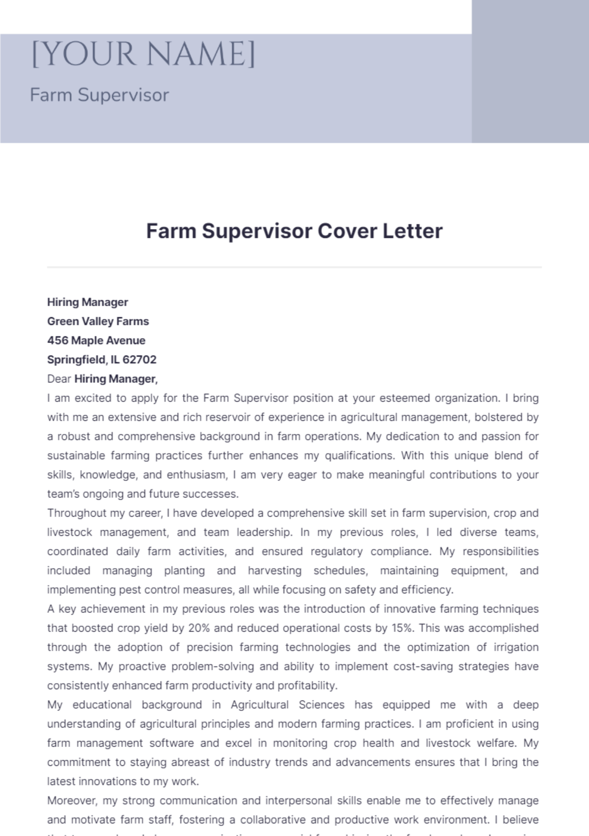 Farm Supervisor Cover Letter - Edit Online & Download