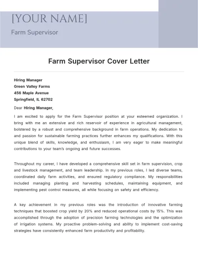 Free Farm Supervisor Cover Letter to Edit Online