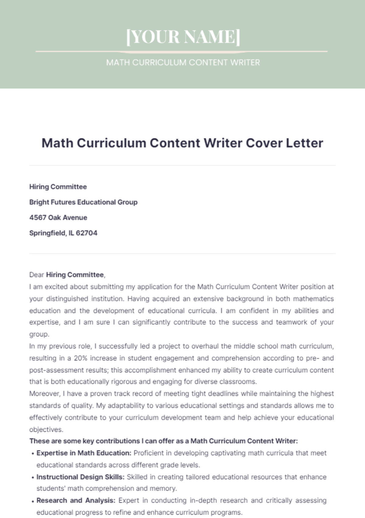 Math Curriculum Content Writer Cover Letter - Edit Online & Download