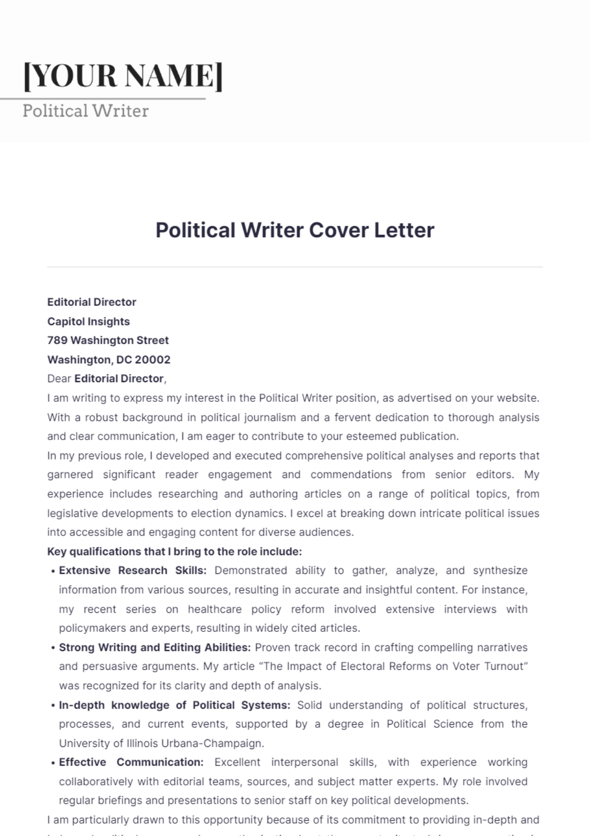 Political Writer Cover Letter - Edit Online & Download