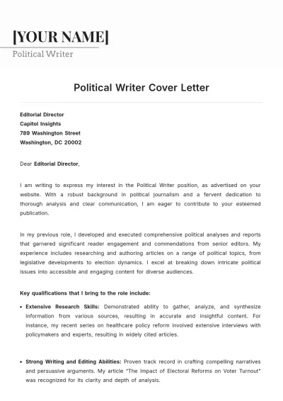 Free Political Writer Cover Letter to Edit Online