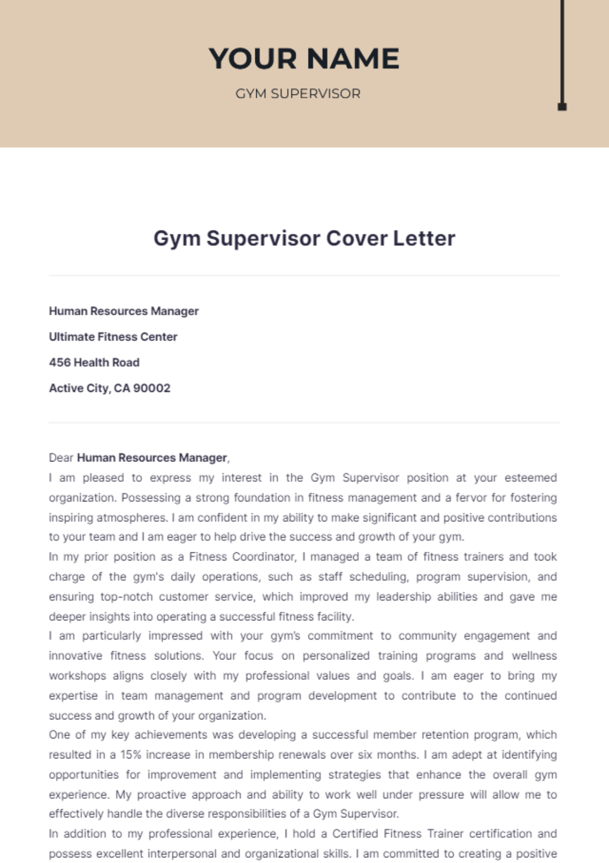 Gym Supervisor Cover Letter - Edit Online & Download