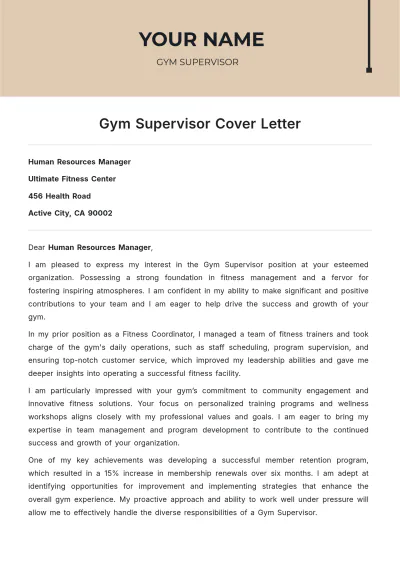 Free Gym Supervisor Cover Letter to Edit Online