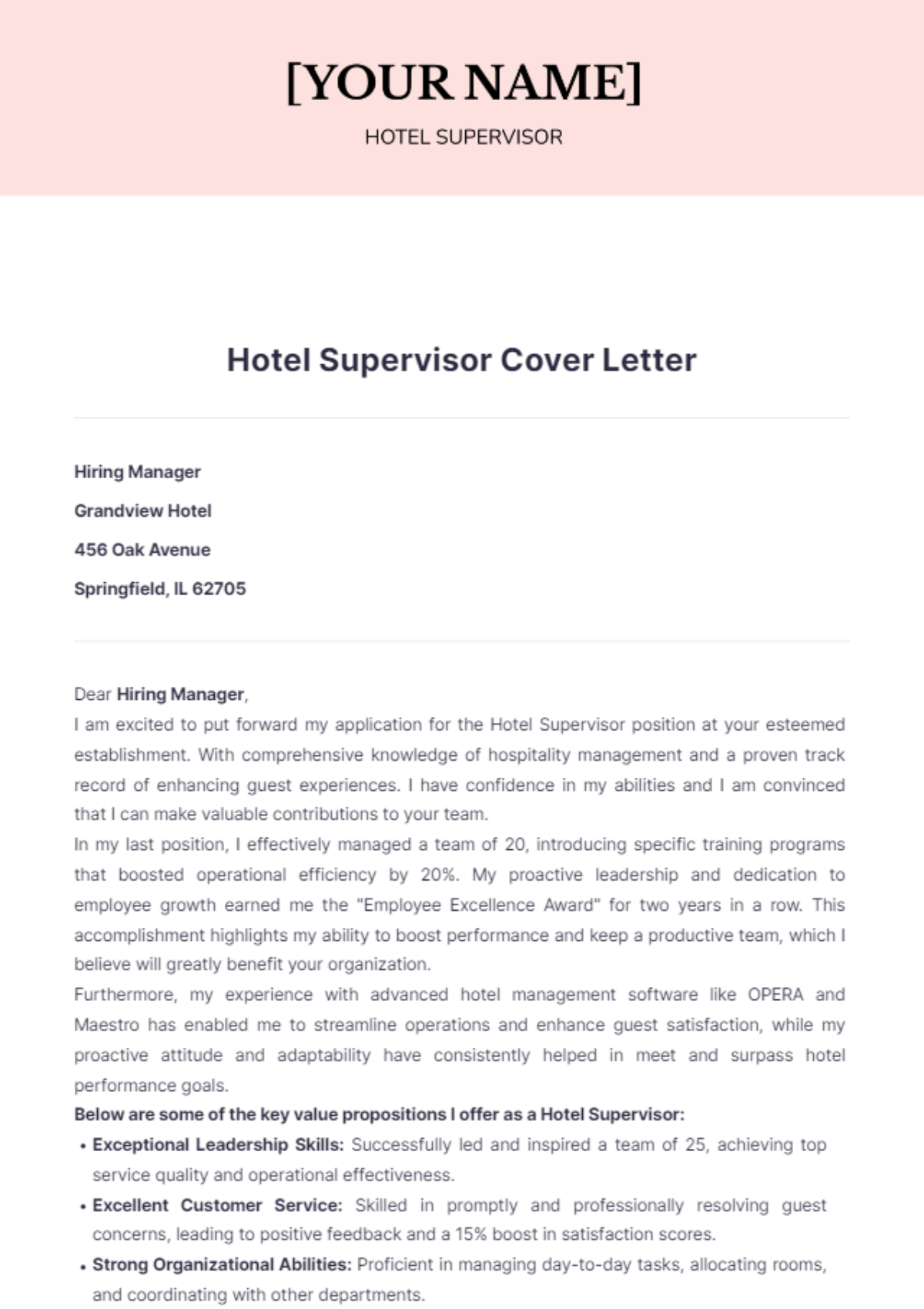 Hotel Supervisor Cover Letter - Edit Online & Download