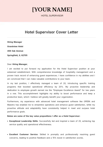 Free Hotel Supervisor Cover Letter to Edit Online