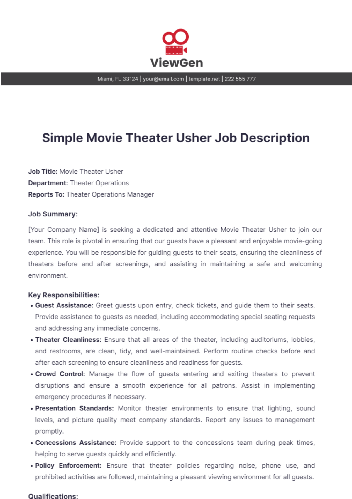 Simple Movie Theater Usher Job Description Template - Edit Online & Download