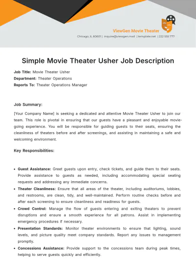 Free Simple%C2%A0Movie Theater Usher Job Description Template to Edit Online