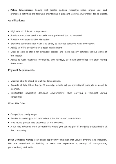 Free Simple%C2%A0Movie Theater Usher Job Description Template to Edit Online