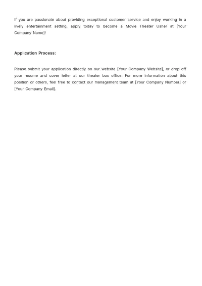 Free Simple%C2%A0Movie Theater Usher Job Description Template to Edit Online