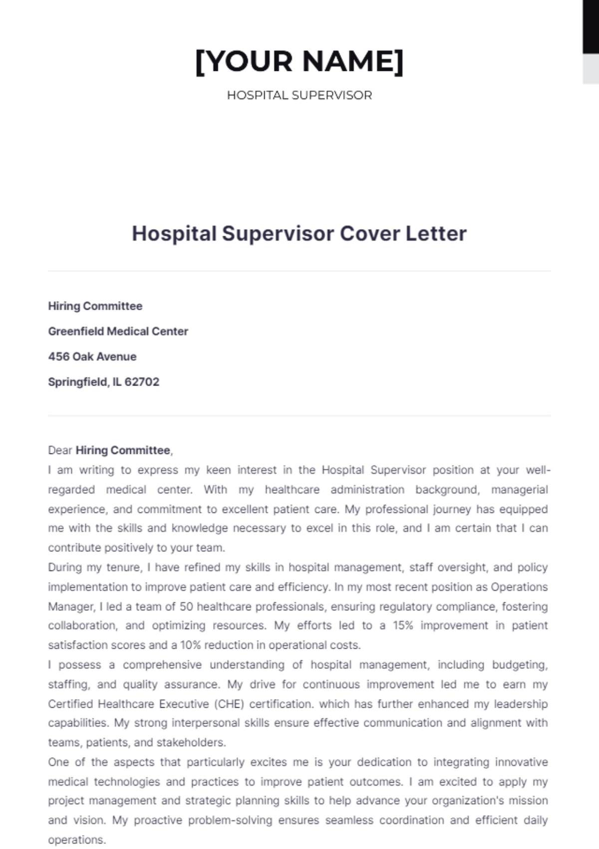 Hospital Supervisor Cover Letter - Edit Online & Download