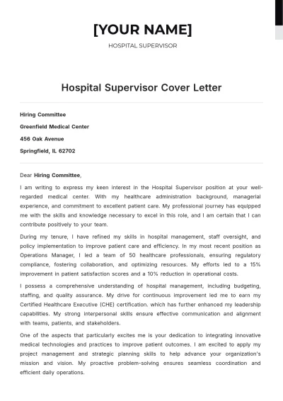 Free Hospital Supervisor Cover Letter to Edit Online