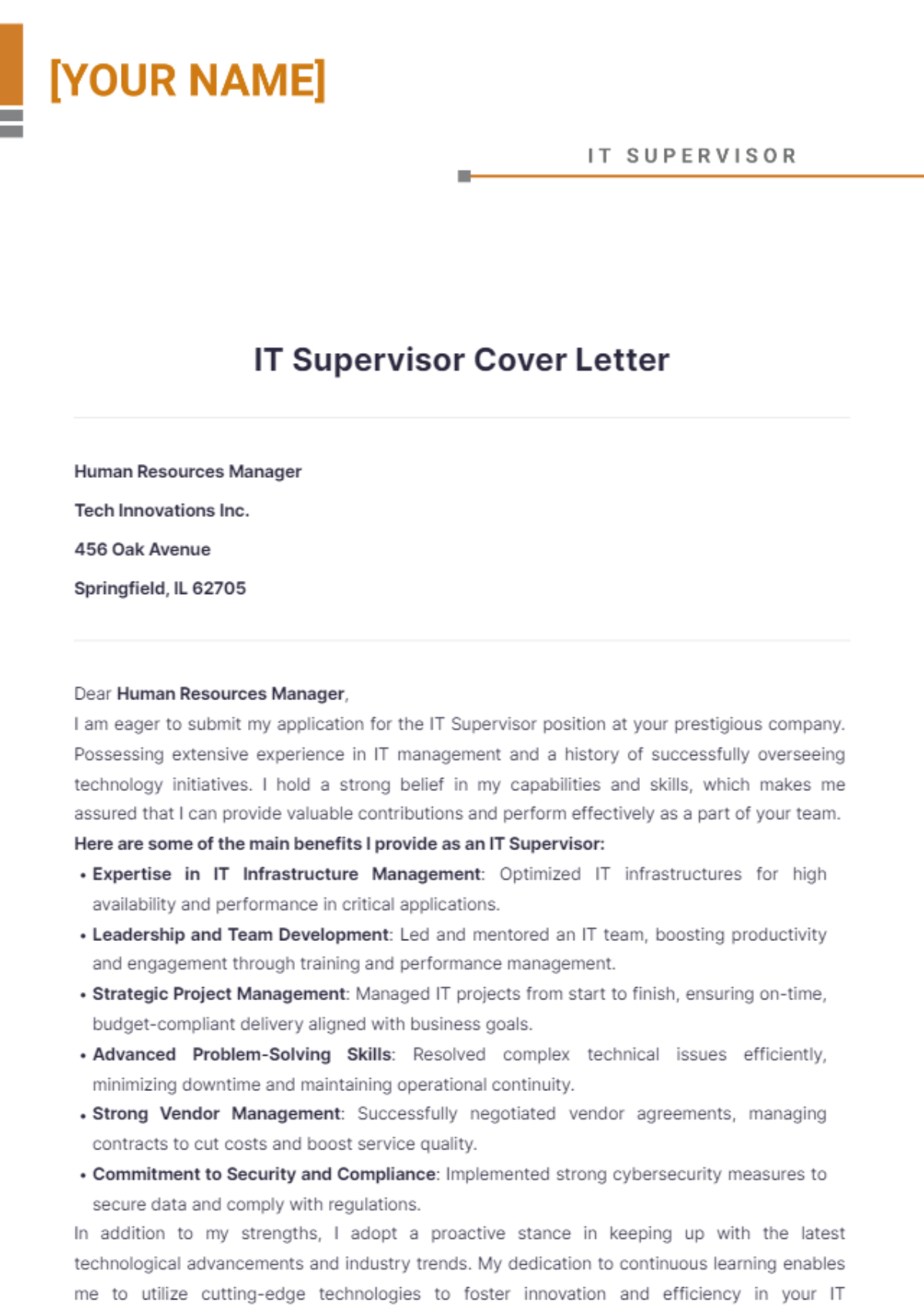 IT Supervisor Cover Letter - Edit Online & Download