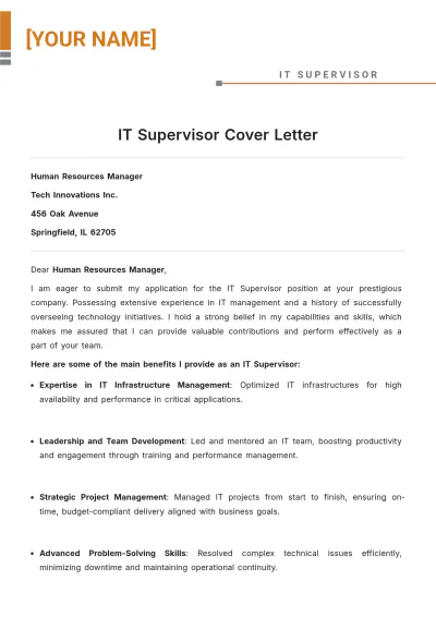 Free IT Supervisor Cover Letter to Edit Online