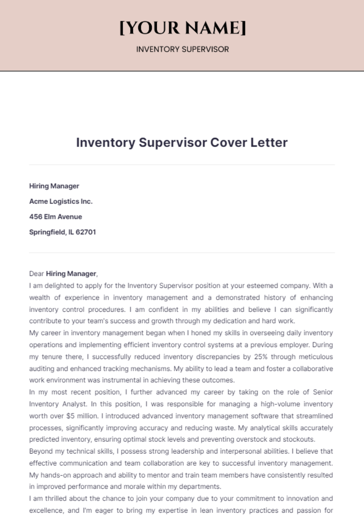 Inventory Supervisor Cover Letter - Edit Online & Download