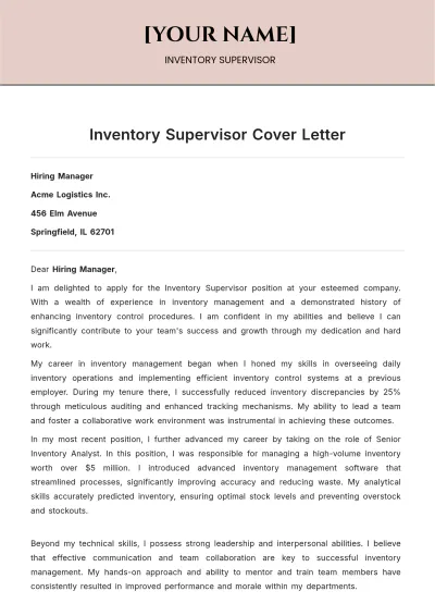Free Inventory Supervisor Cover Letter to Edit Online