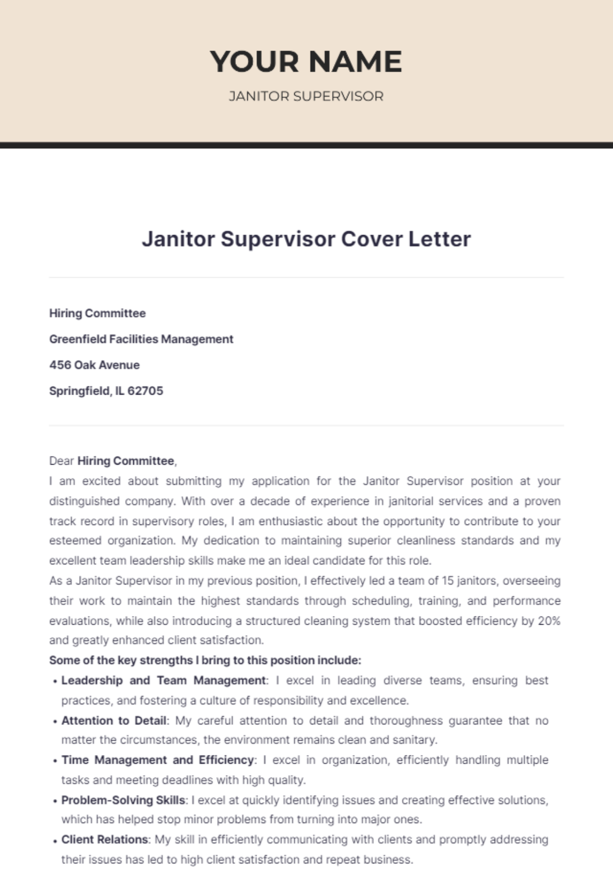 Janitor Supervisor Cover Letter - Edit Online & Download