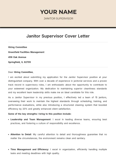 Free Janitor Supervisor Cover Letter to Edit Online