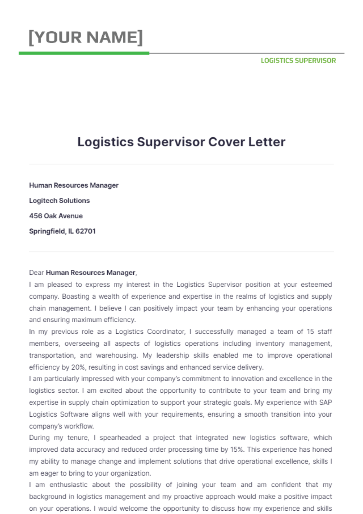 Logistics Supervisor Cover Letter - Edit Online & Download