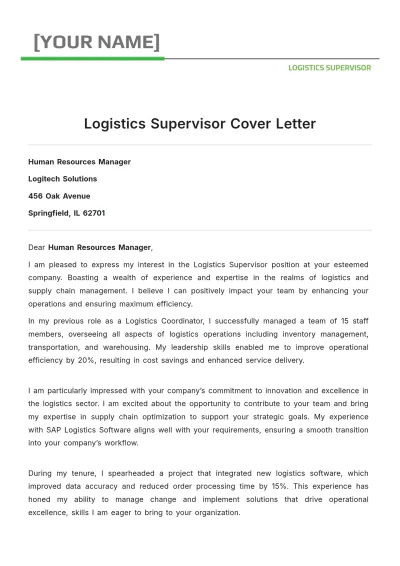 Free Logistics Supervisor Cover Letter to Edit Online
