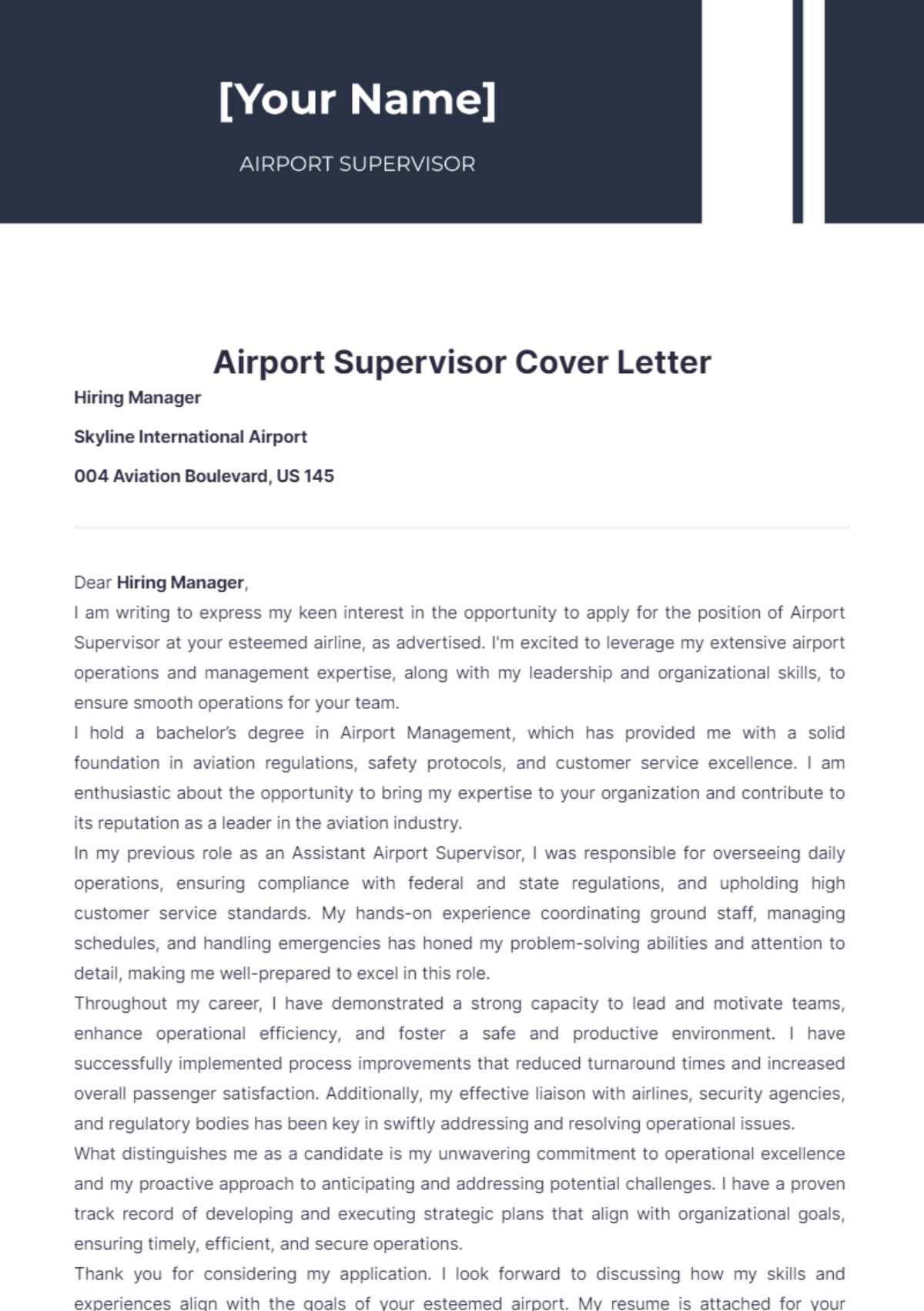 Airport Supervisor Cover Letter - Edit Online & Download