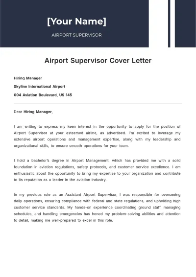 Free Airport Supervisor Cover Letter to Edit Online